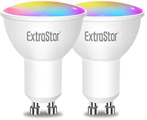 EXTRASTAR Bombilla Alexa LED Intelligente GU10, 6W, 480 Lúmenes, Regulable Multicolor + Luz Cálida o Blanca, Funciona con Alexa y Google Home, Pack de 2 Unidades