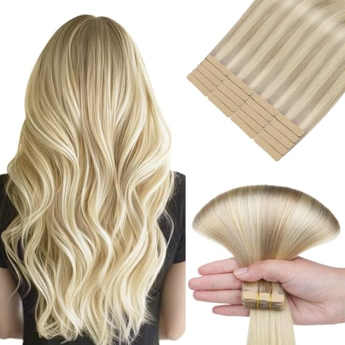 hotbanana Tape in Extensions Echthaar, 40cm Tape Extensions Echthaar 16 Zoll 20 Stück 50g Aschblond bis Goldblond und Platinblond Echthaar Extensions Tape Gerade Remy Echthaar Tape Extensions