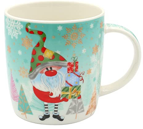 Dekohelden24 Tazas de Navidad de porcelana – Gnomo multicolor – como juego de 2 unidades, L x A x A 8 x 12 x 9 cm, capacidad 340 ml.