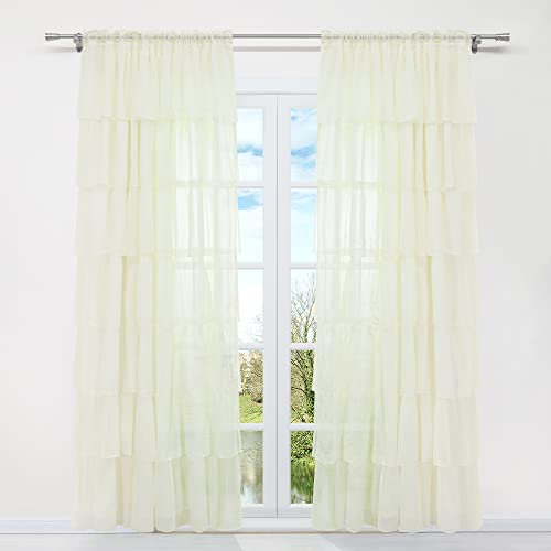 HongYa 1 Stück Voile Gardine Schal mit Rüschen Halbtransparenter Vorhang Tunnelzug Einfarbiger Fensterschal H/B 220/140 cm Beige