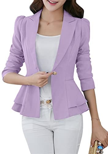 EFOFEI Women's Lantern Sleeve Suit Long Sleeve Ruffle Hem Jacket Crop Frill Slim Fit Blazer Slim Button Blazer Purple XXS