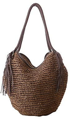 Hixingo Bolso de la Paja Mujeres Bolso Playa Grande Bolso de Hombro Verano Boho Totes de Playa Rafia Tejidas a Mano Para Viajes, Compras y Vacaciones (38x30x20cm,Rojo)