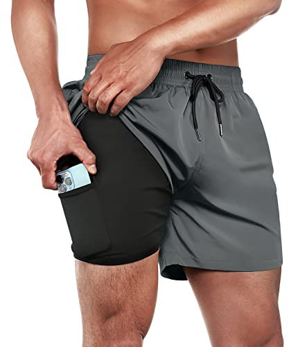 ineepor Costum Bagno Uomo 2 in 1 con Pantaloncini Bagno Uomo con Fodera a Compressione con Tasca con Cerniera Corta Pantaloncini Surf Pantaloncini,Grigio,L