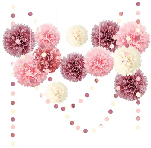 NICROLANDEE Seidenpapier Pompons Deko 15 Stück, Altrosa Tissue Papier Pom Poms und Dots Papier Girlande, Party Dekorationen für Hochzeit, Babyparty Deko, Abschlussball, Geburtstag, Gartenparty deko