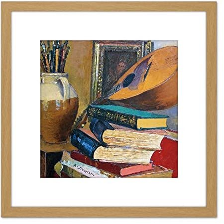 Artery8 Sicurezza Still Life With Books Mandolin Painting 8X8 Inch Square Wooden Framed Wall Art Print Picture with Mount