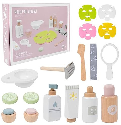 Kinder Holz Kosmetik Spielset inkl Make-up, Spiegel, Reinigungsmittel v. m, Kinderschminke Set Spielzeug Holz Schminkset, Holzschminke Spielzeug Rollenspiel Geburtstag Geschenk für Mädchen