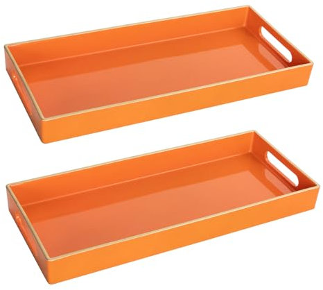 MAONAME Orange Vanity Tray Set of 2, Plastic Decorative Tray with Handles, Small Narrow Trays, Rectangular Bathroom Trays for Toilet Tank, 13.8 X 6 X 1.57
