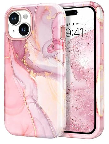 YINLAI for iPhone 15 Case Marble Pattern 3 in 1 Full Body Rugged Hard PC Back Cover Bumper, Soft Silicone Drop Shockproof Protection Girly Women Case for iPhone 15 6.1 Inch,Rose Gold Pink