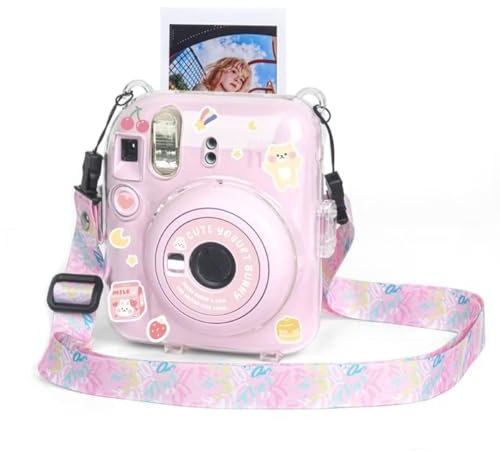 Berfea Tasche Schutzhülle Transparente Kristall Schale Kompatibel mit Fujifilm Instax Mini 12 Sofortbildkamera mit Schulterriemen, Sticker und Foto Aufbewahrungstasche