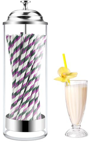 Mevtok Glass Straw Holder for Standard Size Drinking Straws, Clear Straw Dispenser for Counter with Lid (Straws Not Include)