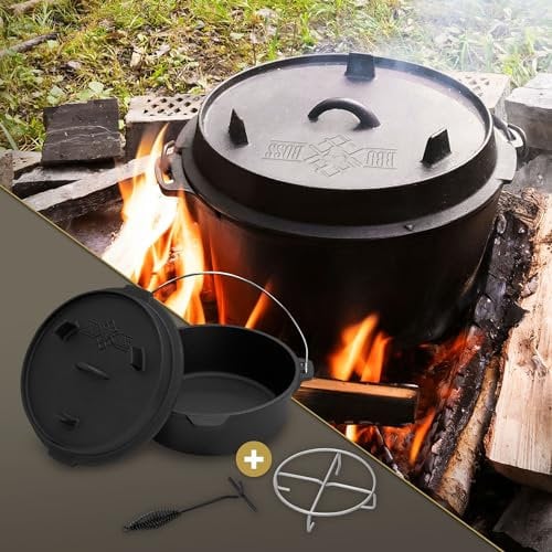 BBQ#BOSS Set Four Néerlandais, 7,3 Litres, Casserole en Fonte avec Couvercle Lève-Couvercle Dessous de Plat, Cocotte Marmite Four Hollandais, Poêle Barbecue et Camping, Gril Extérieur/Intérieur