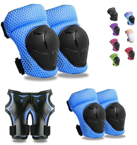 GEQID Kids Knee Pads Elbow Pads Wrist Guards Set ,Protective Gear for 4-6-12 Boys Girls Roller Skating Scooter Skateboarding Bike (Blue, Free Size (4-12 Years or 40-80lbs))
