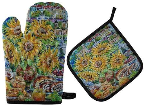 Girasoli gialli estivi Guanti da forno Set presine Lamponi Torta di papavero Decorazioni per la cucina Guanti da cucina Guanti caldi resistenti al calore Riciclati per barbecue Cottura alla grig