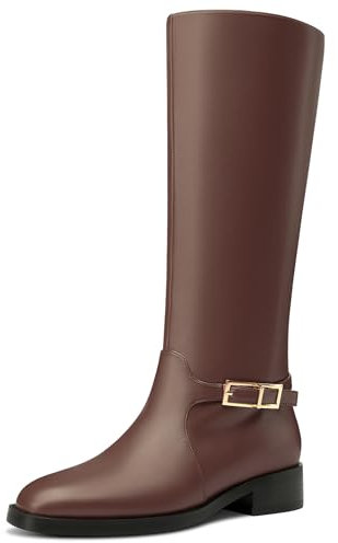 Castamere Donna Rotonda Punta Basso Chunky Blocco Tacco Heel Altezza Ginocchio Stivali Slip-on Fibbia Metà polpaccio Stivali Casual Dress Stivali 3.5 CM Marrone Scuro 42 EU