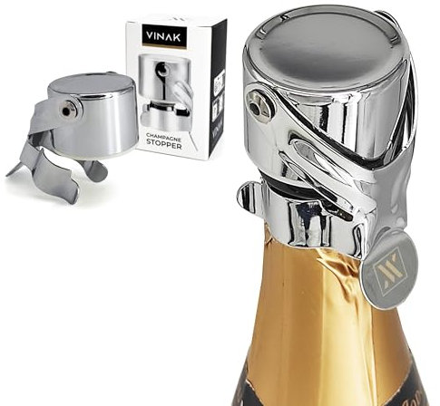 VINAK - Bouchon de champagne en acier inoxydable chromé | Valable pour tous types de bouteilles de mousseux champagne et de vin | Fermeture hermétique permet de conserver toutes les propriétés