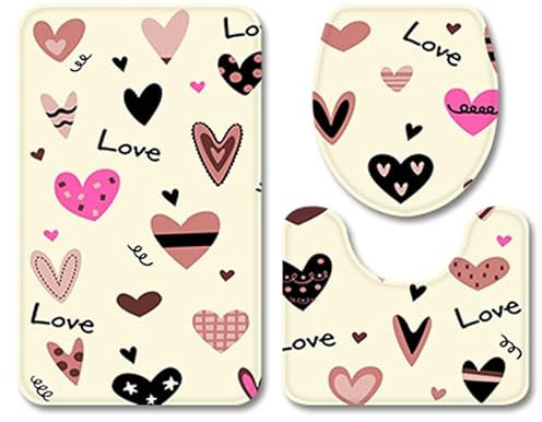 Bad Teppiche Set 3-Teiliges Beige Braunes Herz WC Vorleger Mit Ausschnitt Badematte Saugfähig WC Deckelbezug Badvorleger rutschfest Waschbar Toilettensitzbezug Badgarnitur (45x75cm)