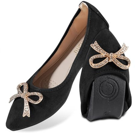 YOUNIFIZ Women Ballet Flats Foldable Fashion Bowtie Comfort Pointed Toe Slip On Ballerina Ladies Casual Comfort Faux Suede Loafers (Black-2,Size 4)