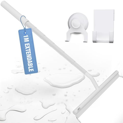 BADIONA Extendable Shower Squeegee & Window Cleaner - 100cm Telescopic Rod Incl. 2 Hook Equipment I Multi-Purpose Bathrom Shower Cleaner Tool I Silicone Squeegee Squidgy Glass Wiper Scraper Squeegy