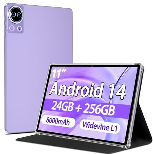 SKYEGG Tablet 11 Zoll Android 14 mit 24 GB RAM + 256 GB ROM (1TB TF), Octa-Core 2.0 GHz, 8000mAh, Widevine L1, 13+5MP, GPS, 5G WLAN BT 5.0, 1280 * 800 Tablet mit Hülle, Lila