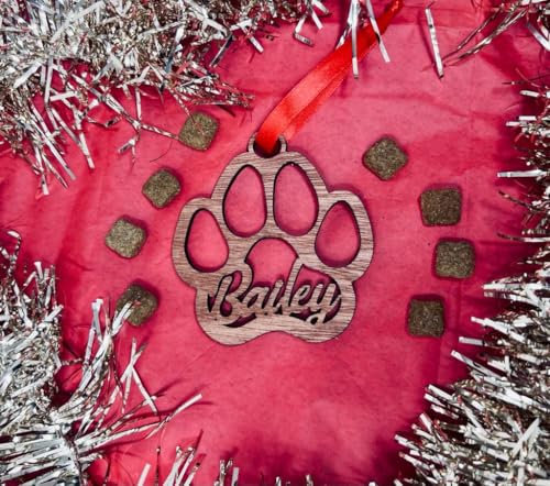 Personalised Dog/Cat Paw Christmas Decoration Hanging Bauble (Ply Dark Wood)
