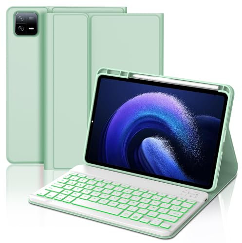 JADEMALL Coque Clavier pour Xiaomi Pad 6/6 Pro 11 Pouces 2023, AZERTY Clavier Bluetooth Rétro-éclairé Amovible Magnétique pour Tablette Xiaomi Pad 6/6 Pro, Vert Clair