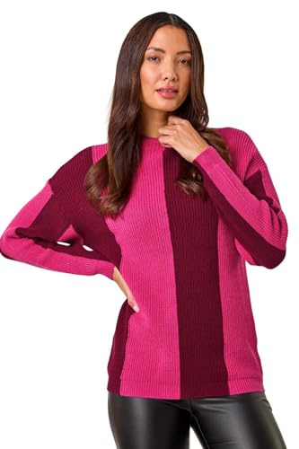 Roman Originals Colour Block Soft Knit Jumper for Women UK - Ladies Everyday Autumn Winter Funnel Neckline Comfy Soft Evening Vacation Work Party Night Out - Magenta - Size 20