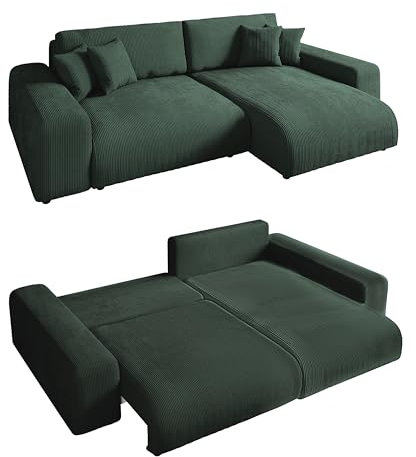Modernes Cord Ecksofa 255x165 cm mit Schlaffunktion und Bettkasten, Wellenunterfederung, L-Couch links oder rechts montierbar, Liegefläche 148x196 cm, Cord-Bezug in Grün / 21005