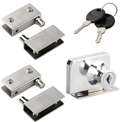 Charnières de porte en verre à pivot de 90°, serrure de cabinet en verre à double ouverture, verrou de sécurité, sans perçage, compatible 5-8 mm, 409 (double ouverture, argent) (Hinge Lock)