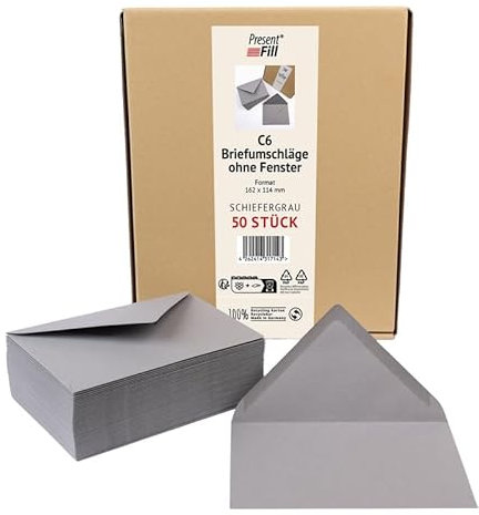 PresentFill® 50 x Briefumschläge Schiefer Grau C6-162 x 114 mm ohne Fenster I 100% Recycling Kraftpapier I 120 g/m² stark I Blauer Engel zertifiziert I Made in Germany