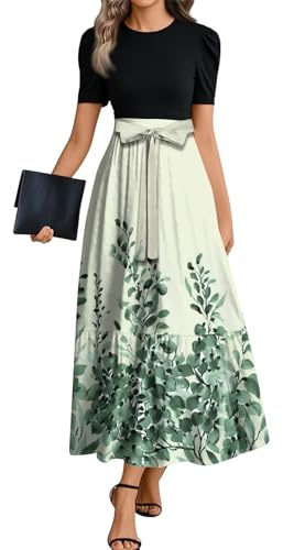 Sommerkleid Damen Lang Elegant Maxikleid Sommer Kurzarm Plissee Kleider Frauen Lässig Kleid A Linie Rüschen Patchwork Sommerkleider Leicht Und Luftig Party Strandkleid Hohe Taille Mit Gürtel