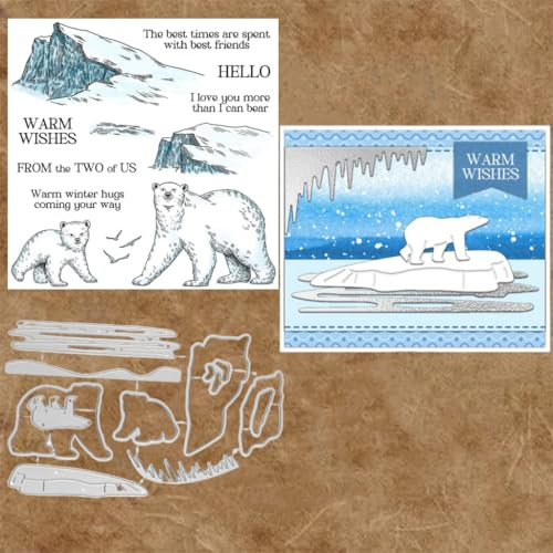Sredwtk Eisbär Tiere Stanzschablonen und Stempelset,Stempel und Stanzen Set,Silikonstempel und Stanzen Set,Clear Stamp und Stanzschablone Für DIY Scrapbooking Fotoalbum Dekor Karten
