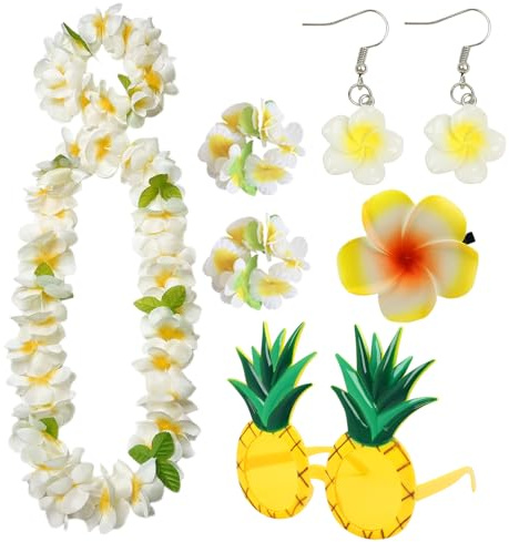 Molirex 6 Stück Hawaii Kette Blumen Deko, Blumenketten Hawaii | mit Blume-Armbänder, Ananas Sonnenbrille, Stirnband, Ohrringe, Haarspangen, Hawaii Hemd Party Strand Deko, Weiß