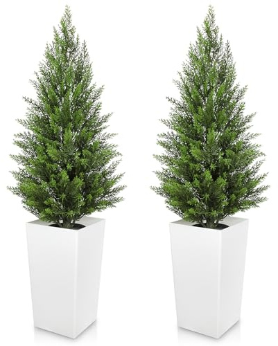 Hollyone 2 cipressi artificiali, alberi topiaria finti da 1,2 m, con alti vasi bianchi, arte topiaria finta decorativa per interni ed esterni, decorazione per la casa, giardino, balcone, patio