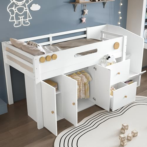RIAZOS Hochbett 90x200 cm, Kinderbett mit Kleiderschrank, Treppe mit Stauraum, Funktionsbett mit 2 Größere Schubladen, Halbhohes Bett, Holzbett, Jugendbett, Weiß, ohne Matratze