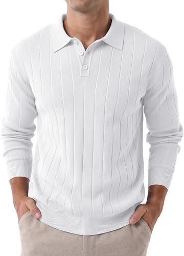 Hisir Mens Polo Jumpers Long Sleeve Winter Knit Sweater Shirts Regular Fit Casual Classic Vertical Stripes Tops