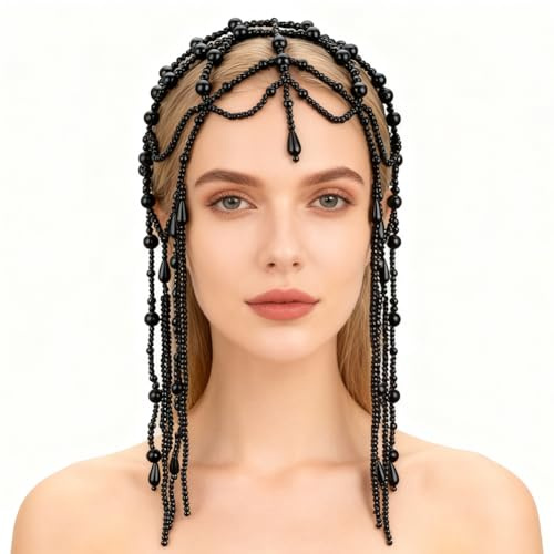 GORGECRAFT 1920er Perlenquaste Flapper Caps Kopfbedeckung Schwarz Roaring 20er Perlen Kopfkette Great Gatsby Party Kopfkette Karneval Kleopatra Kopfbedeckungen Für Halloween Bauchtanz Haarschmuck Dame