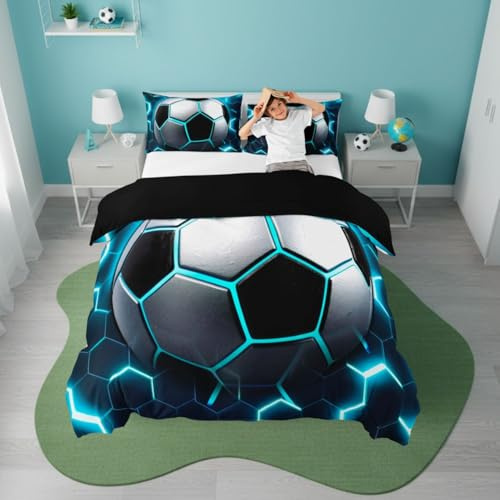 Homewish Boys Football Duvet Cover Set Single Blue Honeycomb Kids Bedding - Vibrant Soccer Print Quilt Cover Neon Geometric Teens Bedroom Decor - Black Reversible Bed Set with 1 Pillowcase
