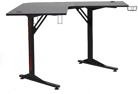 SIGNAL MEBLE B-219, Gaming-Schreibtisch L-Form, Schwarz, 120x120 cm, mit Getränkehalter, Kopfhörerhalterung, Kabeldurchführung, Metall und Laminat