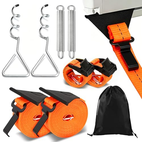 Sturmband Markise Vorzelt Wohnmobil Set für Thule & Fiamma Sturmschutz | Wetterfestes Sturmband Zubehör mit 2 Schraubpfahl, 2 Federn & 2 Gurtband, Einfache Installation, für Camping & Wohnmobile