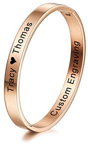 INBLUE Personalisierte Armreif Armband Gravur Name/Datum Identifikation Benutzerdefinierte Armbänder für Frauen Mädchen Edelstahl Manschette Armreifen Jubiläum Geburtstagsgeschenke (Roségold Farbe)