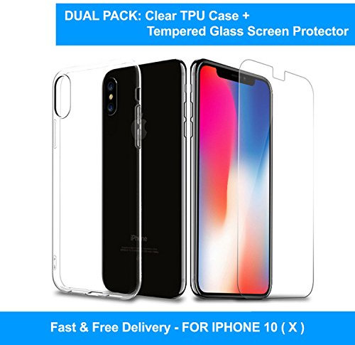 ARLUX iPhone X 10 TPU Case Clear + Screen Protector Shatterproof Glass Tempered Glass Flexible Ultra Slim Thin Shock Absorption Crystal Clear Soft Durable Rubber TPU