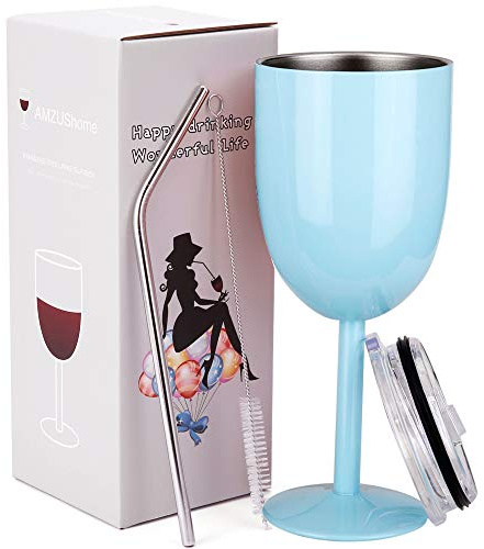 AMZUShome Stainless Steel Wine Glasses Cups.Double Walled Vacuum Insulated Wine Tumbler With Lid and Straw.Friendship,Christmas,Birthday Gifts for Women Men Friends Dad Mom(10oz Light Blue)