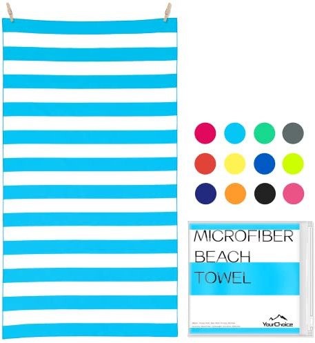 Your Choice Mikrofaser-Strandtuch, sandfreies Strandtuch, schnell trocknendes Strandtuch, Campinghandtuch – hellblau und weiß gestreift, extra großes Strandtuch 160 x 89 cm