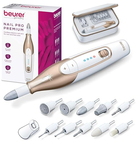 Beurer MP64 Nail Drill Kit, Cordless Electric Nail File with 10 Attachments and LED Light, Electric Manicure Set with Adjustable Speed, E-File for Manicure and Pedicure, with Storage Case
