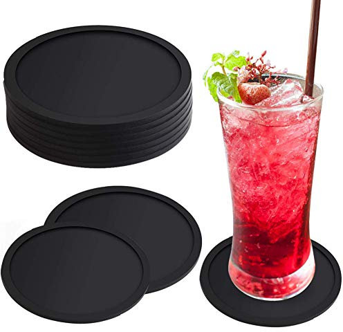 BESLIME Dessous de Verre Silicone - Sous Verre en Silicone sans BPA,pour Bière, Tasses à Café, Tasses à Thé et Bouteilles,Fêtes, Maison, Bureau,Salon,Cuisine,Ronde,Noir,10pcs