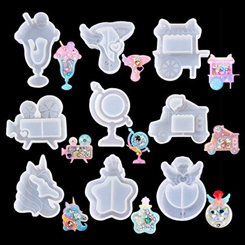 FineInno 9 Pack Molde Silicona Resina de Joyería Shaker Mold Creativo Bricolaje Herramientas de Fabricación Quicksand Silicone Mould (9 piezas moldes de resina)
