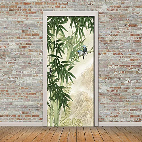 TMANQ Stickers Porte Poster 77X200Cm Perroquet Animal Bambou Vert 3D Papier Peint Porte Trompe L'Oeil Pour Salon Chambre Décoration De La Maison Stickers Muraux Imperméable Stickers Amovibles