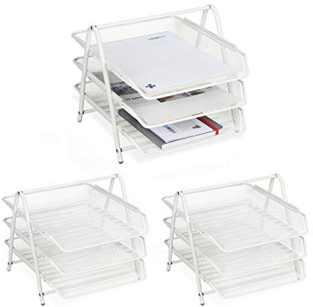 Relaxdays 3X Dokumentenablage, Metall, 3 Etagen, Gitter-Design, Büro, A4, Briefablage, HxBxT 26,5 x 29,5 x 35,5 cm, Weiß