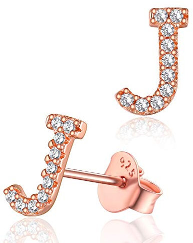 Silvora Initiale Alphabet J Klein Buchstaben Ohrstecker 925 Silber Damen Zirkonia Letter Ohrringe Rosegold Name Initiale Ohrringe für Damen/Frauen/Mädchen
