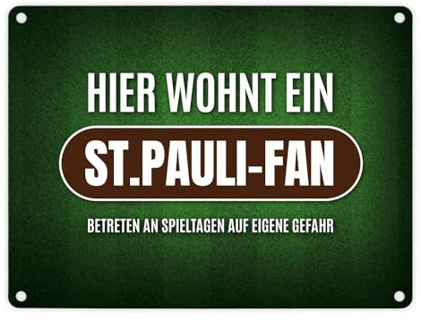 Hier wohnt ein St.Pauli-Fan Metallschild mit Rasen Motiv Fußball Stadion Fan Tor